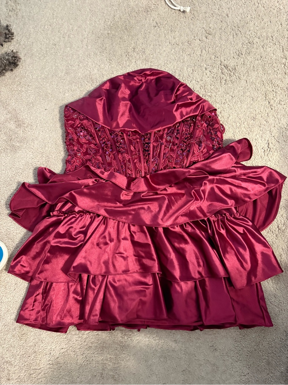 Strapless Ruffled Satin Corset Top - Burgundy